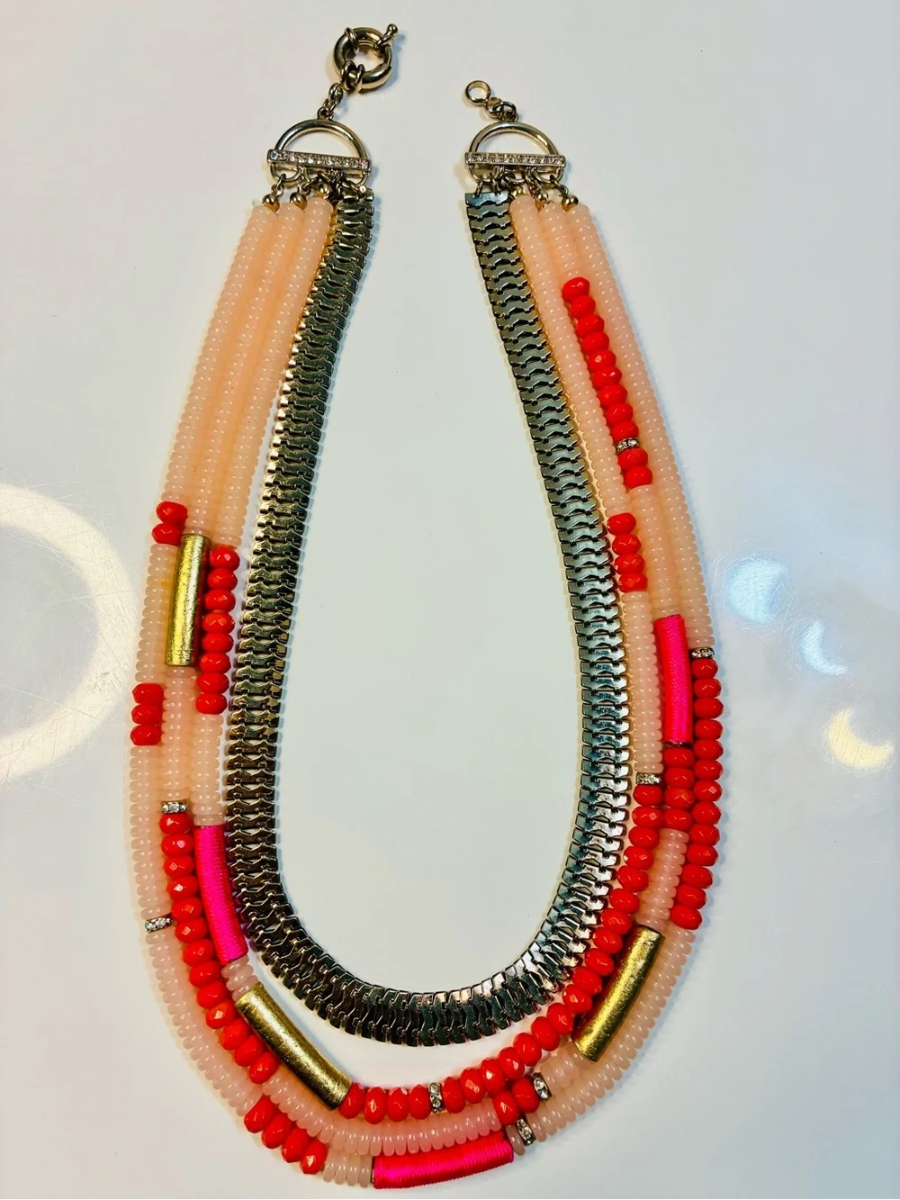 Layered Pink & Coral Beaded Statement Necklace with Gold Accents